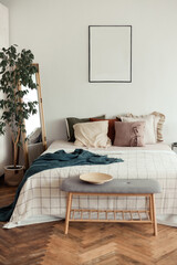 Light bedroom rustic interior with natural materials. Wooden furniture and cotton textiles. Mock up