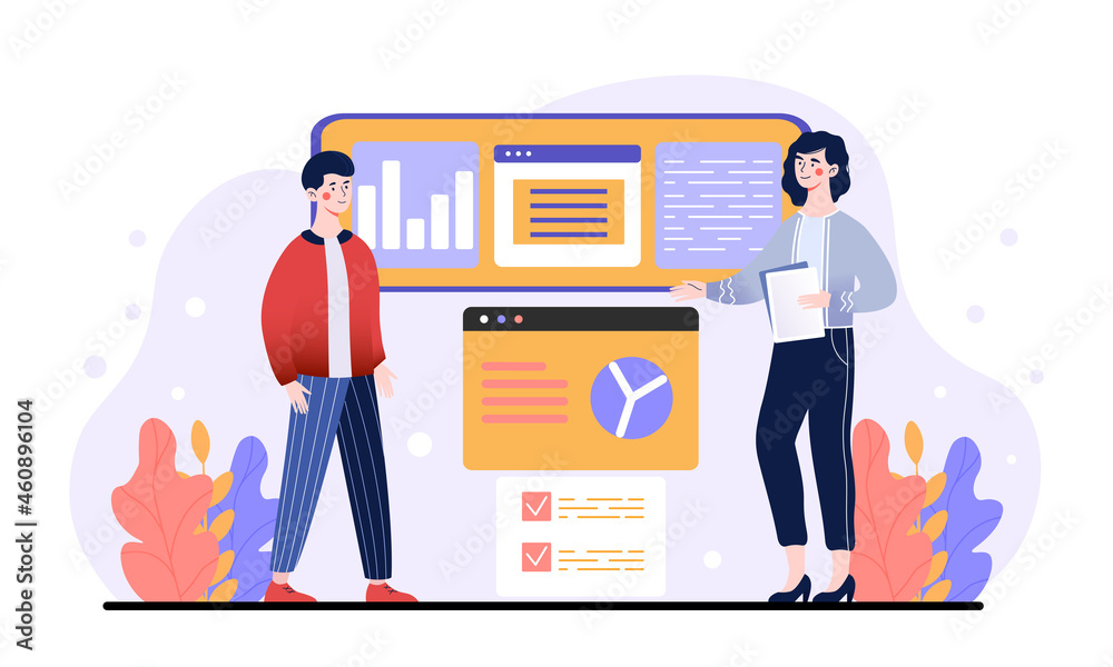 Aufkleber user interface optimization. employees developing concept of page design. website tab for computer. 