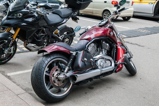 Harley Davidson 1250 V-Rod Muscle standing on the city streets. Harley-Davidson VRSC is a line of V-twin cruiser motorcycles