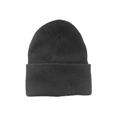 Black cap isolated on white background. Beanie hat on white background. Black knitted hat.