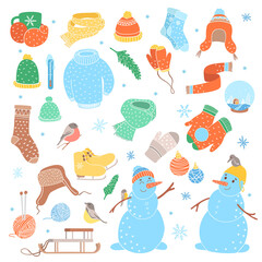 Fototapeta premium Set of winter and Christmas elements. Various warm knitted clothes, snowmen, birds and sleighs. Colorful vector illustration.