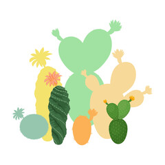 Clipart with cacti on white background. Blooming cactus flat illustration. Desert and exotic plant.