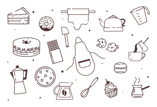 Simple minimalistic icons. Collection of pictures for restaurant. Graphic elements for cafe website. Doodle sketch, bakery drawn. Cartoon flat vector illustration isolated on white background