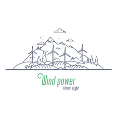 Wind power concept thin line vector illustration. Windmill energy as an alternative electricity resource. Outline style vector illustration on white background.