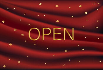 Red curtain is open. Beginning of presentation, sign for shops. Start of new project, backdrop for website. Marketing event label. realistic volumetric vector illustration isolated on red background