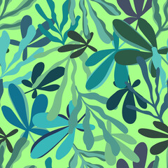 Abstract elegant seamless pattern of lined botanical floral motifs of plants and leaves