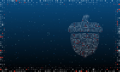 On the right is the acorn symbol filled with white dots. Pointillism style. Abstract futuristic frame of dots and circles. Some dots is red. Vector illustration on blue background with stars © Alexey