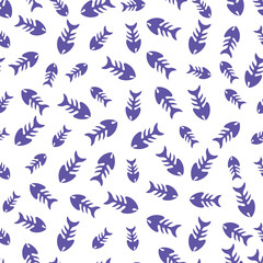 White seamless pattern with purple  fish bones. 