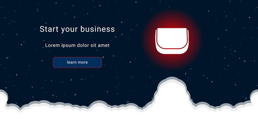 Business startup concept Landing page screen. The ladies handbag symbol on the right is highlighted in bright red. Vector illustration on dark blue background with stars and curly clouds from below