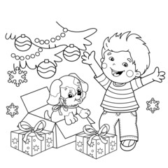Coloring Page Outline Of Christmas tree with gifts and with little dog. Boy with presents. Christmas. New year. Coloring book for kids