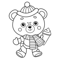 Coloring Page Outline Of little toy bear with ice cream. Winter. Coloring book for kids