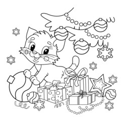Coloring Page Outline Of Christmas tree with gifts and with little cat. Christmas. New year. Coloring book for kids