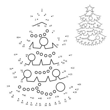 Puzzle Game for kids: numbers game. Coloring Page Outline of Christmas tree. New year. Christmas. Coloring Book for children.