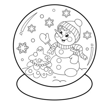Coloring Page Outline Of Snow globe with snowman with Christmas tree. New year. Christmas. Coloring book for kids