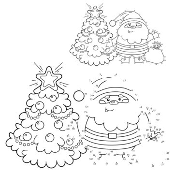 Puzzle Game for kids: numbers game. Coloring Page Outline of Santa Claus with Christmas tree. New year. Christmas. Coloring Book for children.