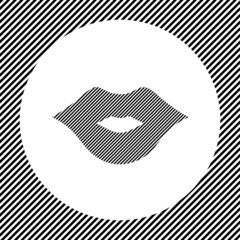 A large lips symbol in the center as a hatch of black lines on a white circle. Interlaced effect. Seamless pattern with striped black and white diagonal slanted lines