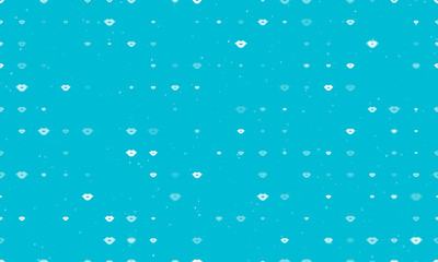 Seamless background pattern of evenly spaced white lips symbols of different sizes and opacity. Vector illustration on cyan background with stars
