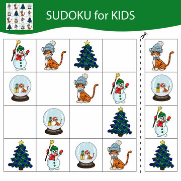 Sudoku game for kids with pictures. Merry Christmas and Happy New Year. The tiger is a symbol of the Chinese New Year with Christmas elements. Vector.