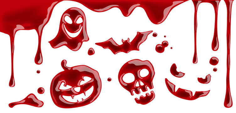 Set of vector illustrations of blood for Halloween. Pumpkin, skull, ghost, bat, vampire, drops, and stains of blood.