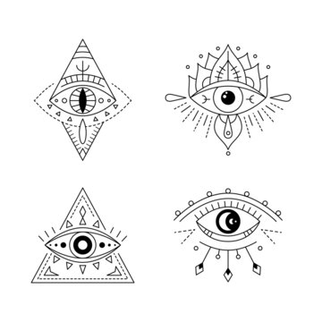 Line art mystic eye tattoo set. Providence sight. Geometric mystical evil symbol, all seeing eye