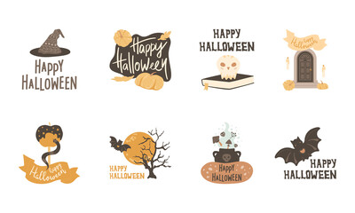 Halloween prints set. Skull on book, witch hat, mystical door and candles, snake on caramel apple, cauldron with poison, bat. Handwritten text, greetings with pumpkins, dead tree, holiday cards