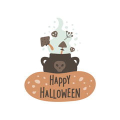 Halloween cauldron with poison, fly agaric, skulls and smoke. Handwritten text on abstract shape. Vector card, poster, print with pot and mystical mushrooms.