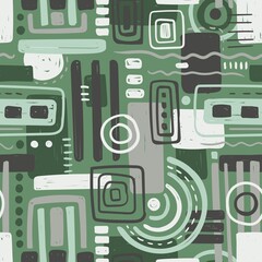 GREEN SEAMLESS BACKGROUND WITH DRAWN ABSTRACT GEOMETRIC SHAPES