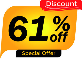 61% off, 61 percent promotion for offers, great deals, big sale, reduction. Yellow and red tag