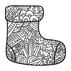 christmas sock meditative coloring page, ornate patterns and curls for festive activity