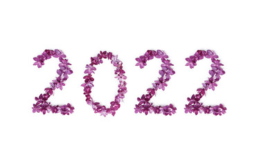 New year 2022 made of lilac flowers on white background