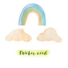 Watercolor illustration of a set of clouds and rainbow multicolored. Hand-drawn and suitable for all types of design and printing.