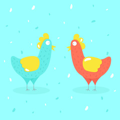 Vector illustration, EPS 10. Cute, red hen with big eyes. Cartoon style. Ykrayaya illustration. Blue background. For children's cartoons, games, textiles, and children's products.