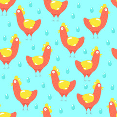 Seamless pattern with chicken and egg. A cute chicken with big eyes. Cartoon style. Ykrayaya illustration. The chicken lays eggs. For children's cartoons, games, textiles, and children's products.