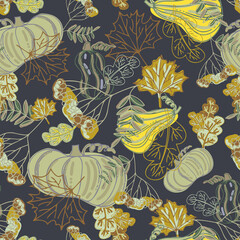 Seamless vector pattern of decorative autumn botanicals pumpkins and leaves in pastel orange and green tones