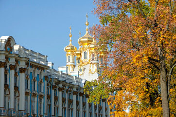 Domes of the Resurrection Church of the Catherine Palace and autumn foliage in Tsarskoye Selo...