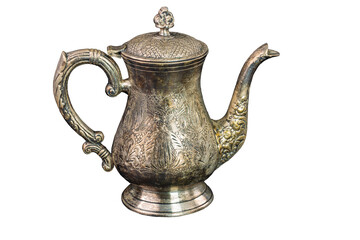 Close up view of vintage silver silverware isolated on white background. Sweden.