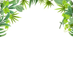 Rainforest canopy. Jungle frame. Branches of tropical trees, grasses and bushes. Flat cartoon style. Green exotic landscape. Vector.