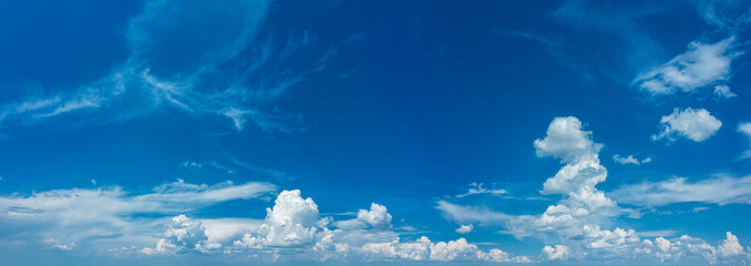 Deep blue sky and different types of white clouds in it. Beautiful nature background.