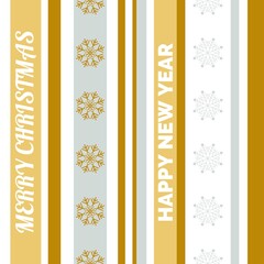 Christmas seamless pattern in gold and silver colors. Vertical stripes, snowflakes and text. Print for wrapping paper. New Year vector background.