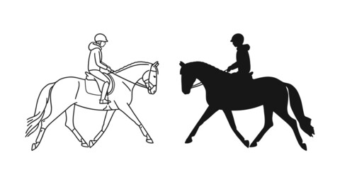 Pretty woman riding horse, wearing a jacket with a hood. Hand drawing vector illustration doodle style