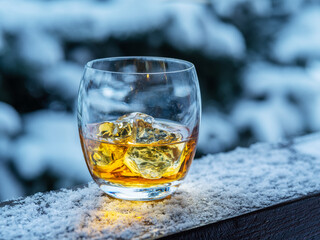 Glass of whisky on wooden board. Snowy winter background.