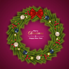 Fototapeta na wymiar Christmas wreath decoration with Christmas ball red bares red ribbon