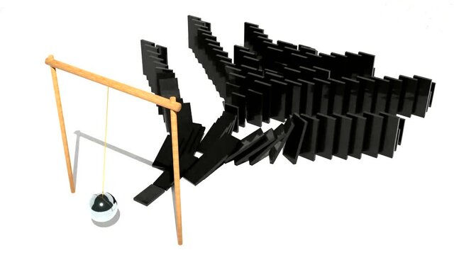 3D pattern of falling dominoes. Design. Newtonian ball hits and knocks down dominoes. Lot of dominoes fall in pattern from impact of ball on white background