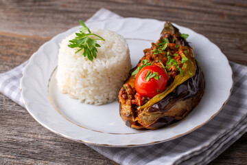 Traditional delicious Turkish food; Meat and Eggplant dish, (Turkish name; Karniyarik)