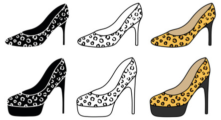 Leopard Print High Heel Clipart Set - Outline, Silhouette and Colored
