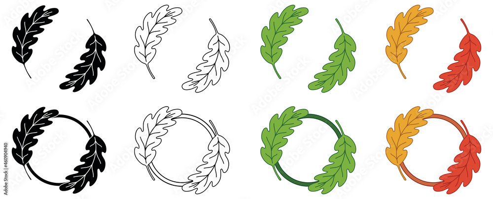 Poster Oak Leaf Frame Border Clipart Set - Outline, Silhouette and Colored