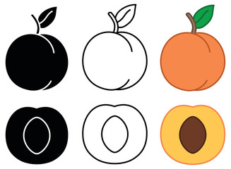 Peach Clipart Set - Outline, Silhouette and Colored
