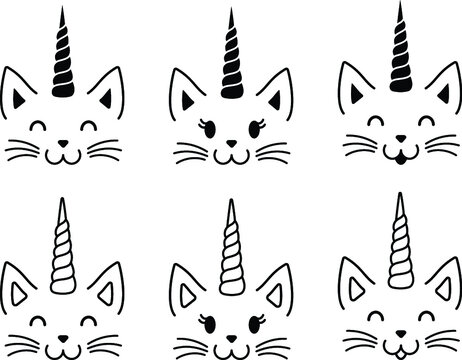 Unicorn Cat Face Clipart Set - Outline and Silhouette