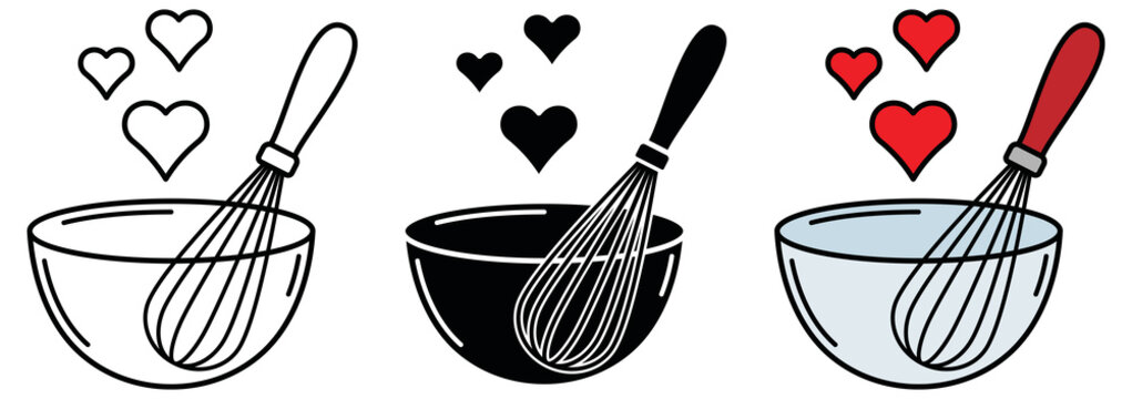 Whisk and Glass Mixing Bowl with Hearts Clipart Set - Outline, Silhouette and Colored