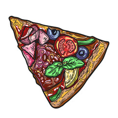 Colorful pizza slice hand-drawn vector illustration. Ink graphic art. Outline colored sketch for markets, shops. Clip art Poster for print. Bright colors. Isolated on white background